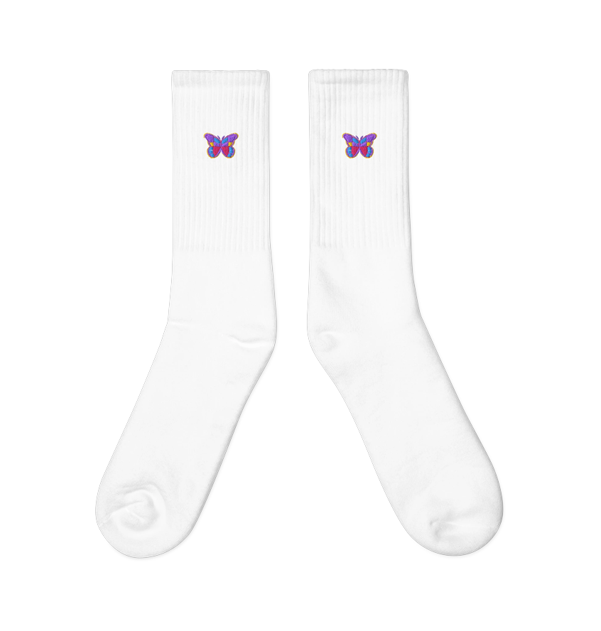 White Miche crew socks with an embroidered butterfly