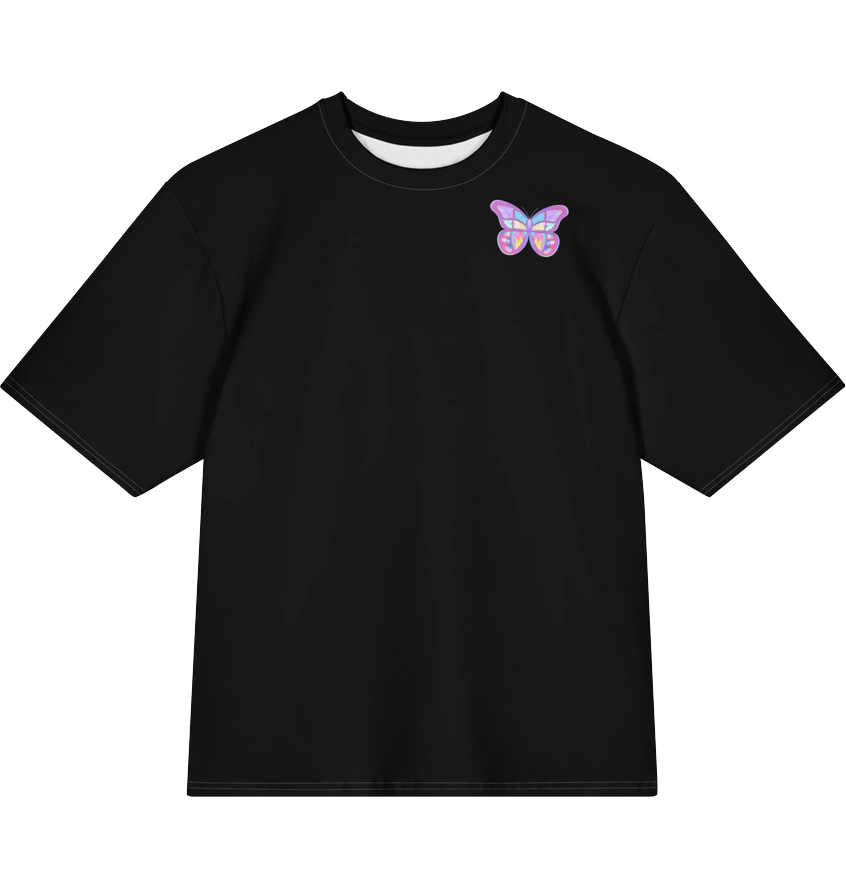 Black Miche T-shirt, front, with a small butterfly